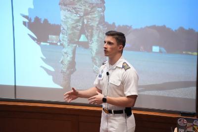 Dylan Palmer '24 presented his VMI honors thesis, “Drone Countermeasures, Ethics, and Drones’ Effects on a Modern Battlefield.”