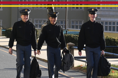 Students at VMI, known as cadets, walk to class wearing military uniforms.