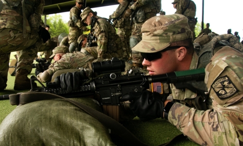 Cadet Alexander Lee, Virginia Military Institute, 9th Regiment, Advanced Camp, practices his prone supported firing position during the Preliminary Marksmanship Instruction at Fort Knox, Ky., July 15, 2023. Photo courtesy of US Army Cadet Command