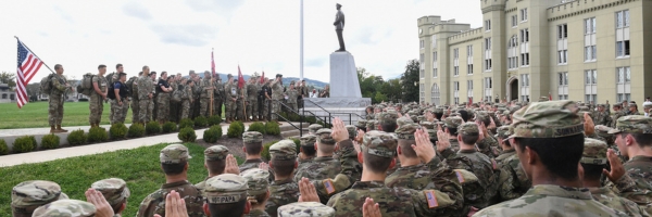 Members of the VMI Corps of Cadets participate in ceremony outside barracks, the VMI dorm where each cadet lives, led by the Commandant of Cadets.