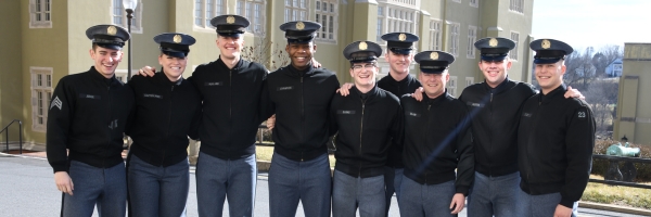 Students in the VMI Corps of Cadets pose before classes. Each cadet wears the official VMI uniform whether in barracks, class, or attending events on post.