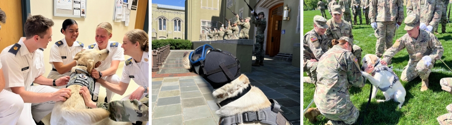 From left to right: CAVU meets with cadets indoors, attends the Memorial Parade wearing sound and vision protection, and meets cadets on the Parade Ground.