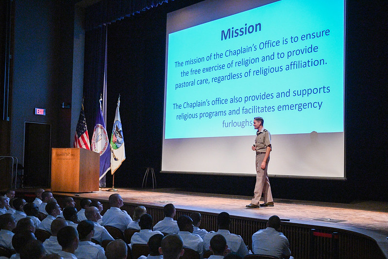 Chaplain Casper addresses a group of freshmen at VMI during their first week at the college.