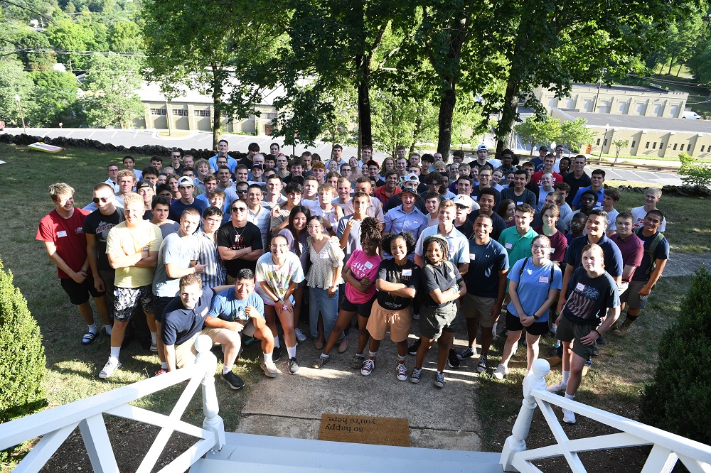 A group of incoming students planning to attend VMI, a military college in Virginia, gather for a group photo during the STP Picnic.