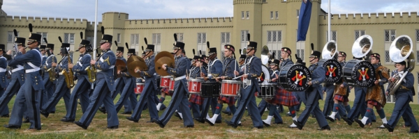 Members of the Corps of Cadets march in a Founders Day parade at Virginia Military Institute.
