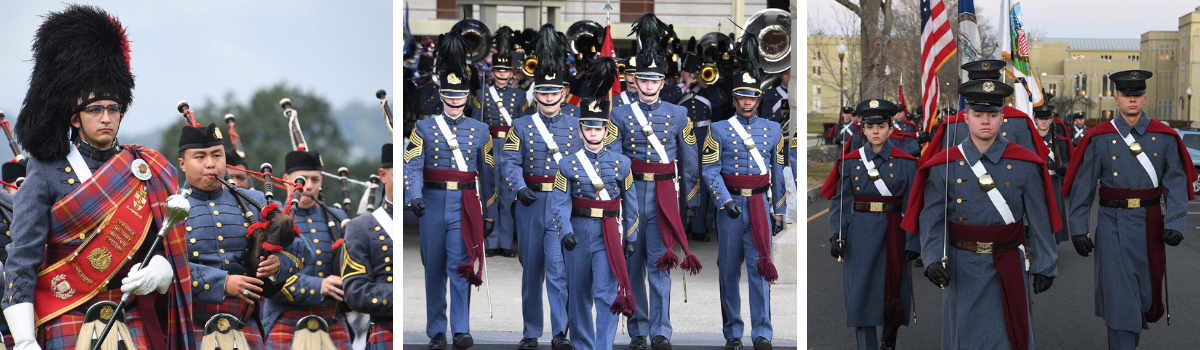VMI cadet band marching, cadet leadership leading parade, and cadets marching
