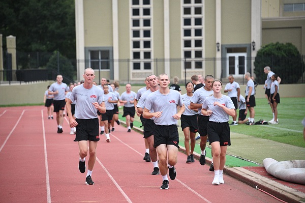 New students at VMI (rats) run one and a half miles as part of their fitness test under supervision of cadet leadership and instructors.