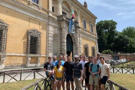 Cadets pose at the entrance to the Etruscan Museum during study abroad in Rome.