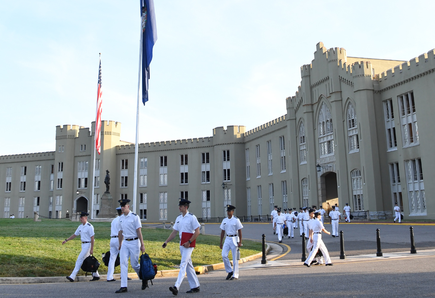 Cadets walk from barracks to class at VMI.