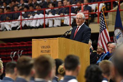 Rex Tillerson addresses graduates at a ceremony held in Cameron Hall today.