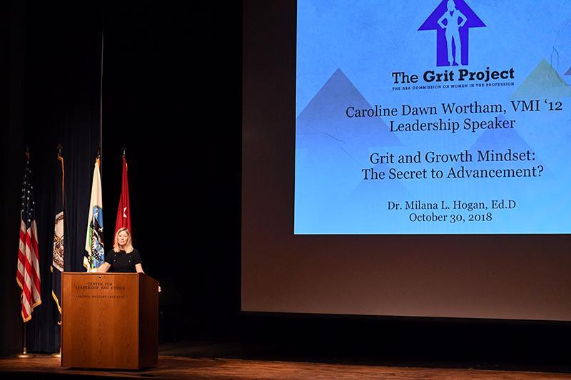 Milana Hogan speaks to Leadership Conference participants in Gillis Theater.