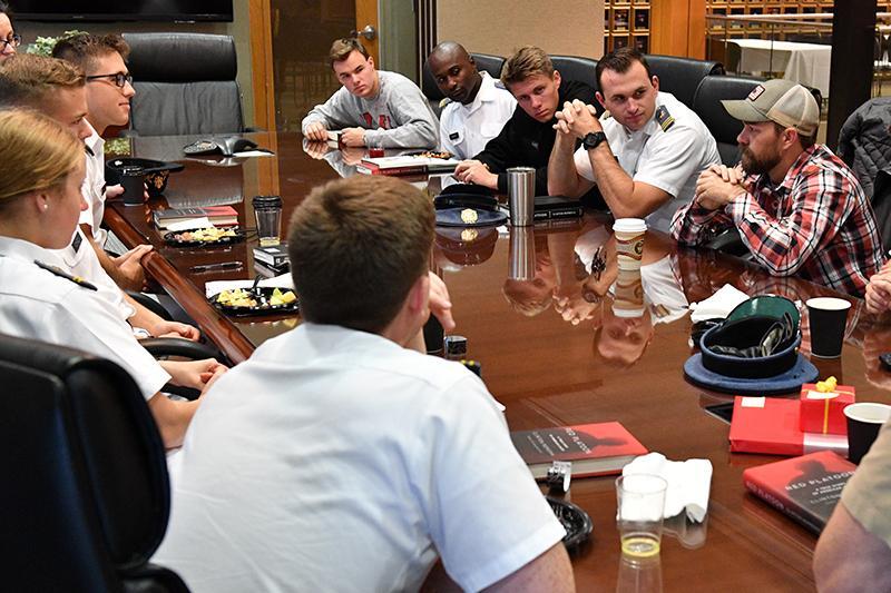 Medal of Honor Recipient sits down with cadets over breakfast.