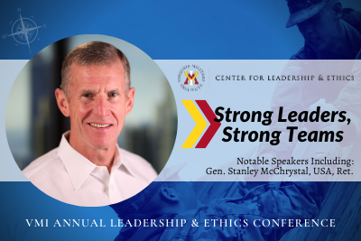 Strong Leaders, Strong Team graphic with CLE logo and photo of Gen. McChrystal