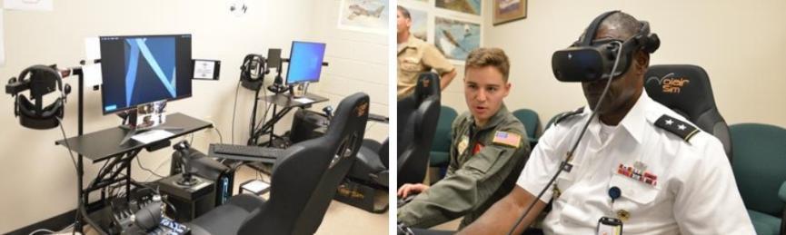 Photo of new flight sim equipment and of ROTC cadet working with Superintendent Maj. Gen. Cedric T. Wins '85 on his flight - VMI Photos by Kelly Nye