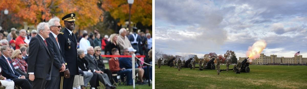 Bryan and Paulette joined Maj. Gen. Cedric T. Wins ’85 to take review of the Founders Day parade held in the afternoon. Cadet Battery fired a rousing salute with the howitzers to honor the occasion. —VMI Photos by Kelly Nye and H. Lockwood McLaughlin.