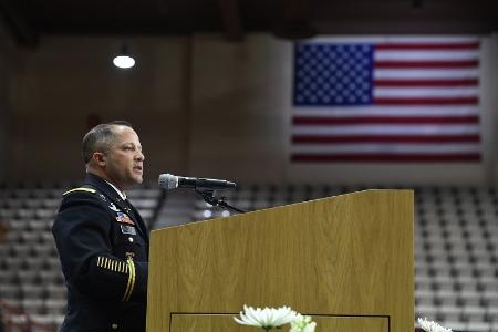 Col. Kevin M. Trujillo ’98 speaks at podium during the Ring Presentation