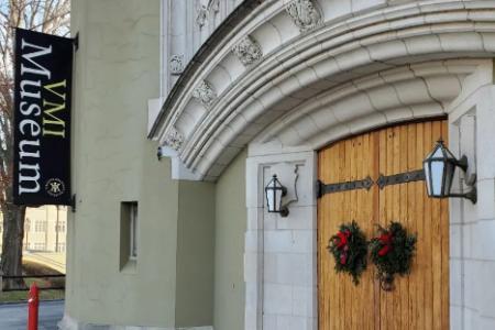 Entryway to the VMI Museum with wreaths on the door.