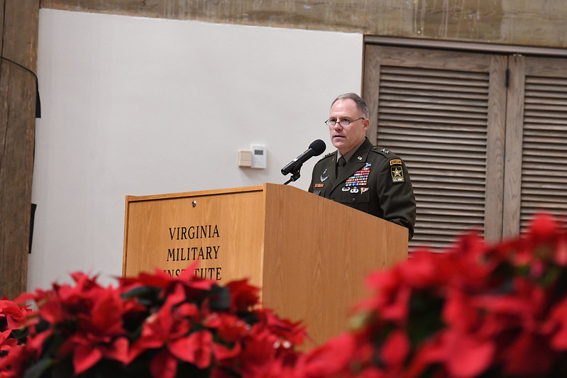 Maj. Gen. (Promotable) Christopher C. LaNeve, who currently serves as the Commanding General of the 82nd Airborne Division, U.S. Army, Fort Bragg, North Carolina speaks at VMI Commencement.