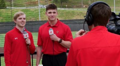 Conner Felts '24 being filmed while broadcasting on ESPN for VMI.