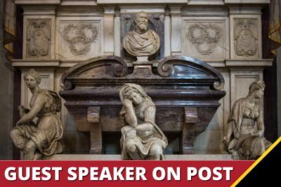 Guest Speaker on Post, overlay on image of Michelangelo's tomb with three allegories.