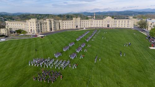 The Corps of Cadets stand at attention while the Regimental Band plays during the Retirement Parade.