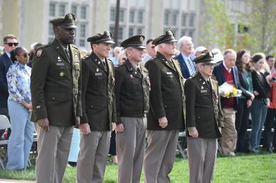 Maj. Gen. Cedric T. Wins ’85 is joined by Col. James Coale, Col. John Brodie, Col. Richard Rowe, and Col. Jon-Michael Hardin in taking review of the Retirement Parade.