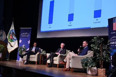 Vivek Ramaswamy and John Bolton listen while moderator, Tom Rogan describes the debate format Oct. 3 in Gillis Theater. —VMI Photo by Kelly Nye.